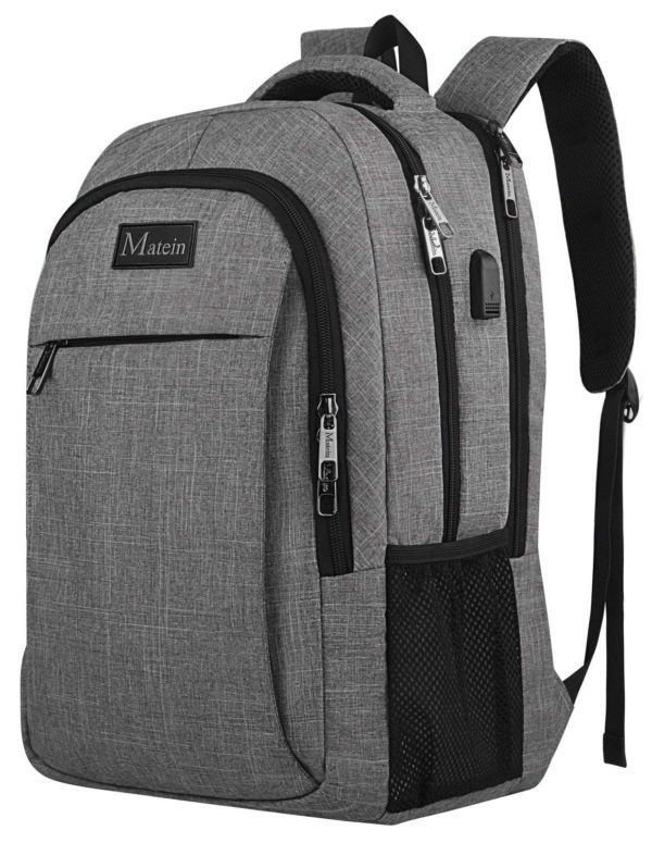 Best travel backpack for laptop, anti theft and water resistant, shown in dark grey