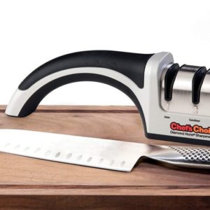 photo of Chef'sChioce manual knife sharpener on a wood board