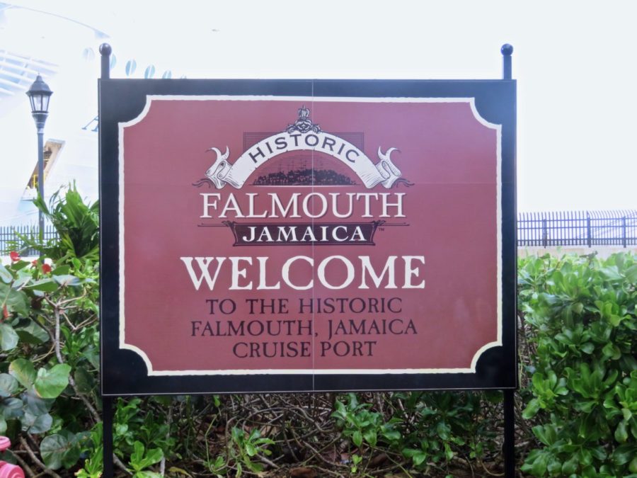 Official Welcome to Falmouth sign that you see as you get off the cruise ship in port