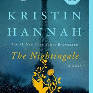 Book cover of The Nightingale by Kristin Hannah. Blue book with light blue and yellow lettering