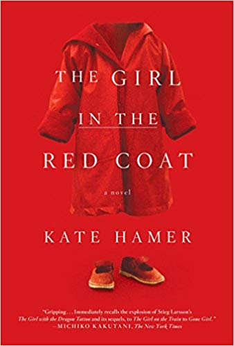 Cover for the book The Girl in the Red Coat. Lettering all in white with the cover all in red, with a darker red coat in the middle. Little girls red shoes are peaking at the bottom of the coat.