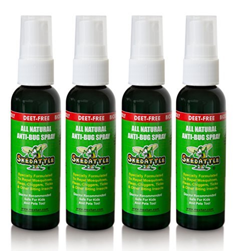 4 pack of travel bug spray, all natural ingredients and DEET free.. Green plastic bottles.