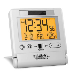 White NightOwl brand travel alarm clock