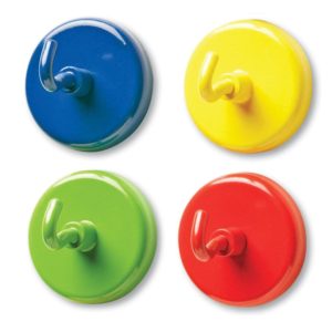 Set of 4 colorful super strong magnetic hooks, sealed in package card, by Learning Resources