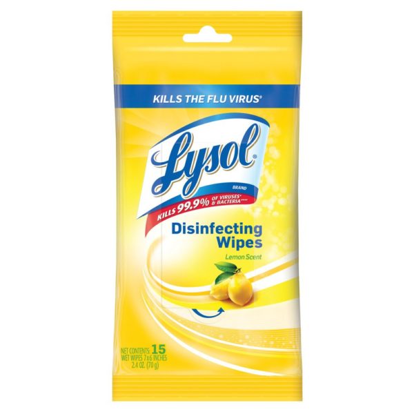 Travel size bag of Lysol antibacterial wipes. Yellow bag with blue lettering, lemon scent. 
