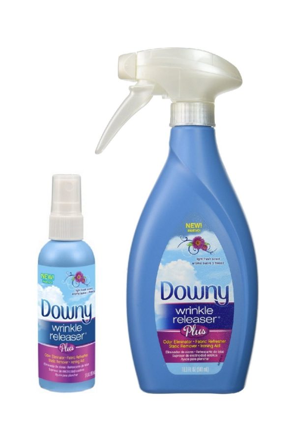2-pack of Downet brand wrinkle release spray. one 3 oz bottle and a larger refill bottle. Blue bottles.