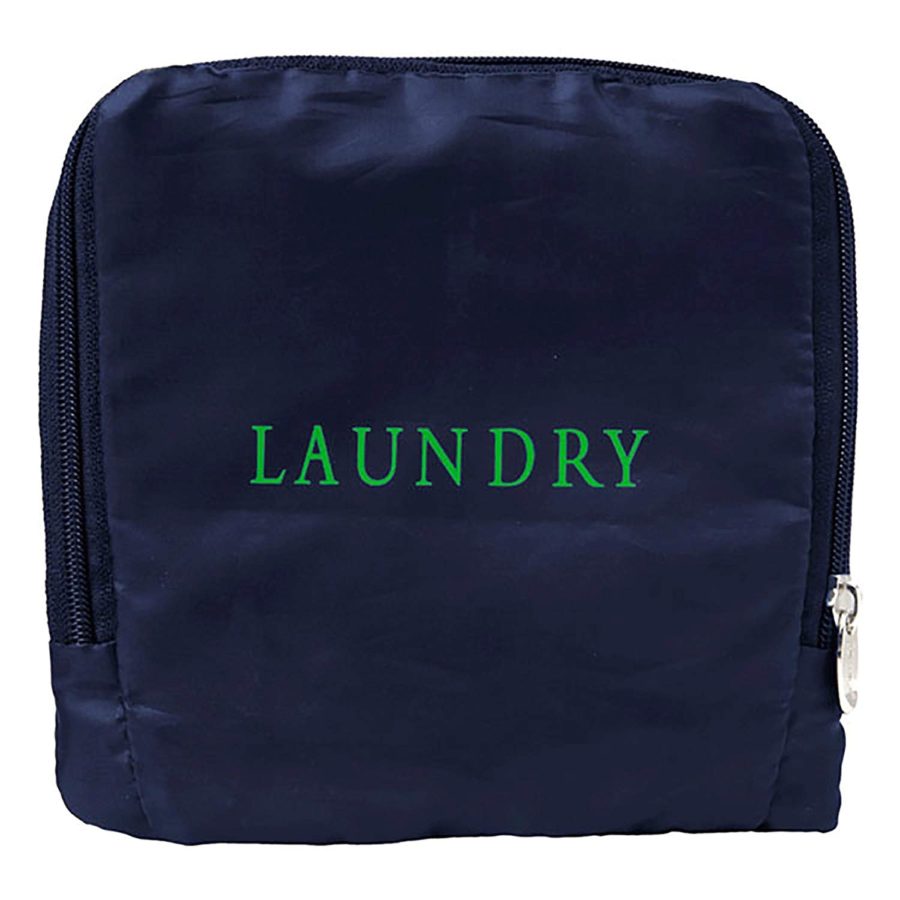Navy blue hanging travel laundry bag, zippered shut