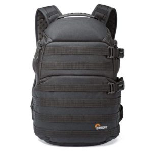 Black Lowepro 350 professional camera backpack with room for two professional cameras and a laptop computer
