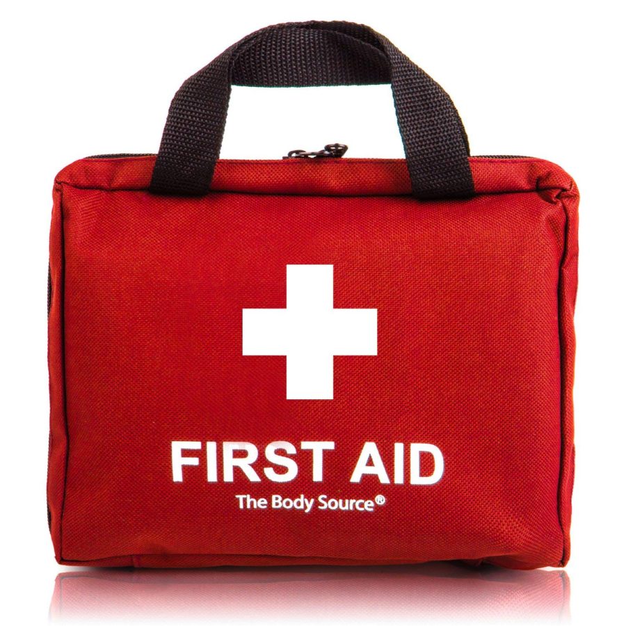 Red soft-sided traveling aid kit