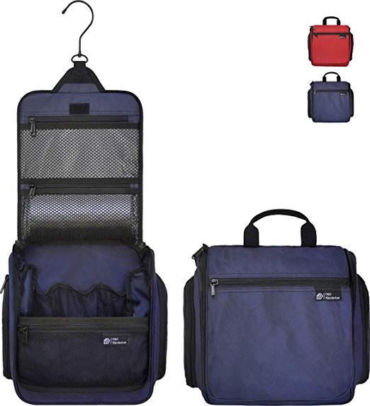 Blue hanging toiletry bag, shown open ad closed.