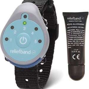 Black rubber band with a light blue face, Reliefband (brand) motion sickness watch