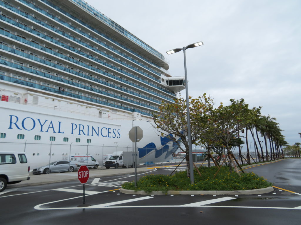 The cruise ship Royal Princess, along the Port of Fort Lauderdale as seen as you approach the port in a car.