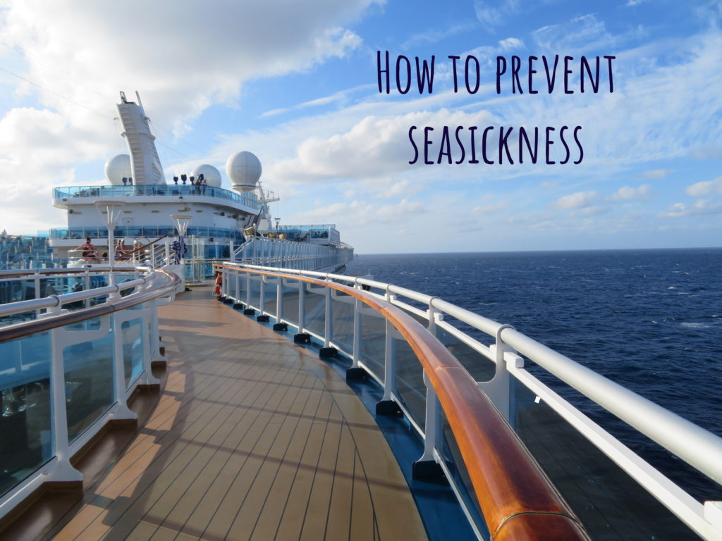 View from the top deck on a cruise decl with the title How to prevent seasickness in a banner along the top of the photo