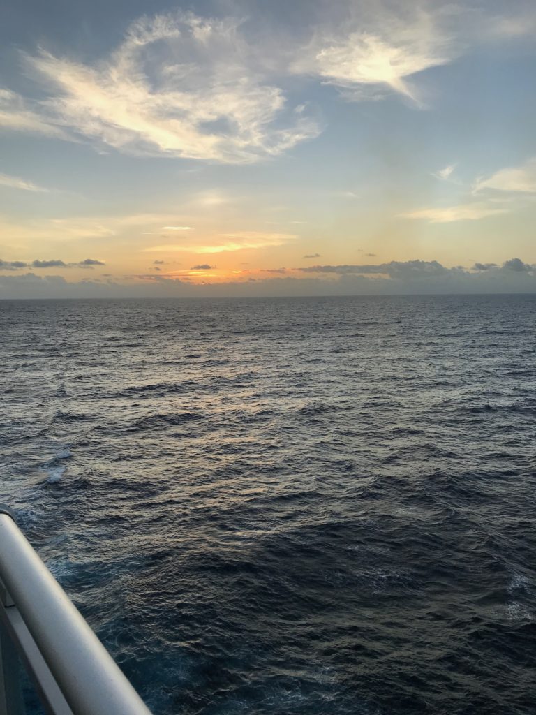 View from the back of the Regal Princess, at sunset on a sea day. 