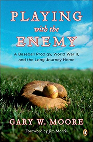 Book cover of Playing with the Enemy. a baseball glove, baseball on a green grass field, blue shies above