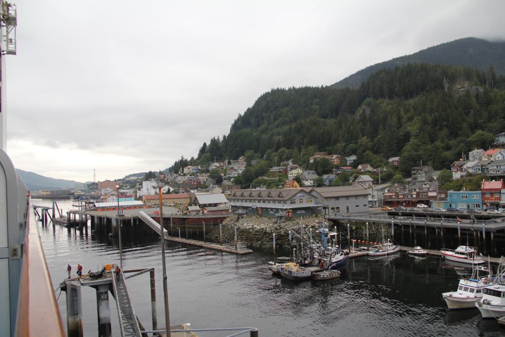 Photo of Ketchikan from a balcony room on the Ruby Princess. Overcast but not rainy day in port.
