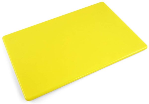 Yellow commerical grade plastic cutting board recommended for poultry and meat