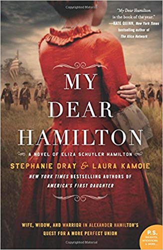 Cover of My Dear Hamilton showing the back of a woman in red dress, from the late 1900s, in front of a Federalist army